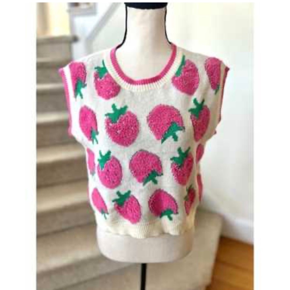 Luna Ivy White and Pink Strawberry Patterned Knit Sweater Vest